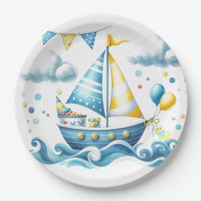 Sailboat Nautical Blue Baby Shower  Paper Plates (Front)