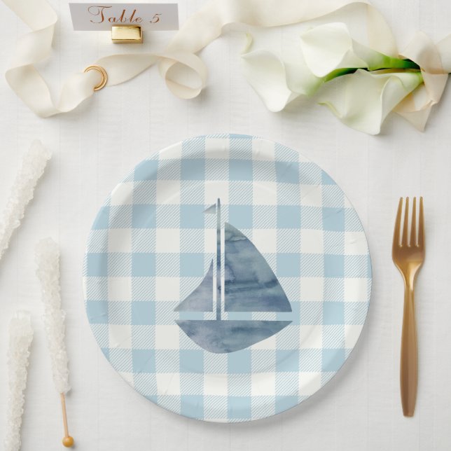 Sailboat Nautical Blue Gingham Check Pattern Paper Plates (Wedding)