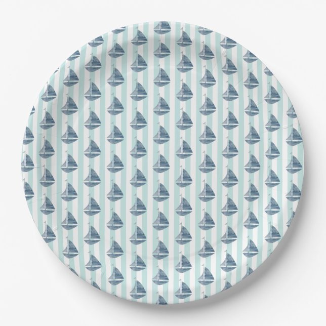 Sailboat Nautical Painting Ocean Paper Plates (Front)