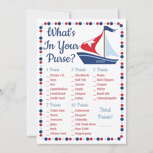 Sailboat Nautical What's In Your Purse Shower Game (Front)
