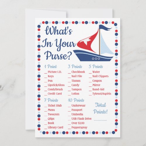 Sailboat Nautical Whats In Your Purse Shower Game