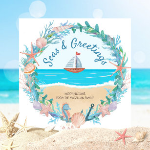 Sailboat Nautical Wreath Coastal Christmas Holiday Card