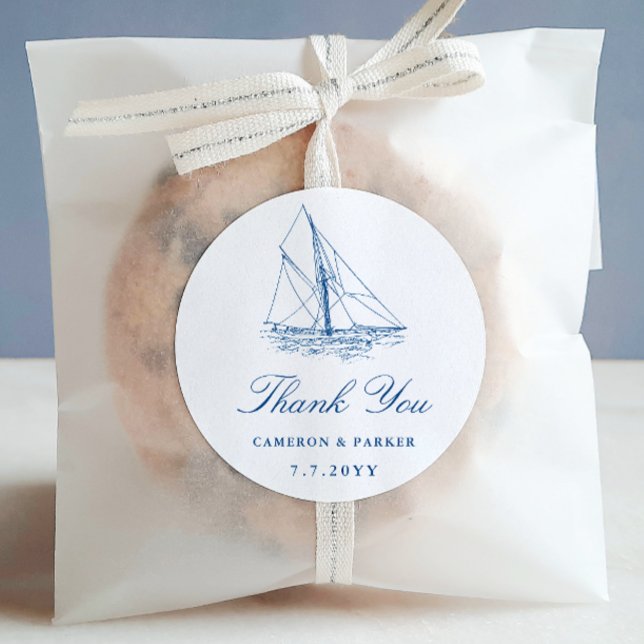 Sailboat Navy Blue Thank You Wedding Favor Classic Round Sticker (Sailboat Thank You Wedding Favor labels for a Navy Blue Elegant Nautical Wedding by Concertina Press)