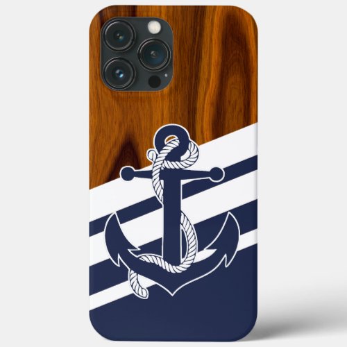 Sailboat Navy Blue White Stripe Wood Grain Pattern iPhone 13 Pro Max Case
