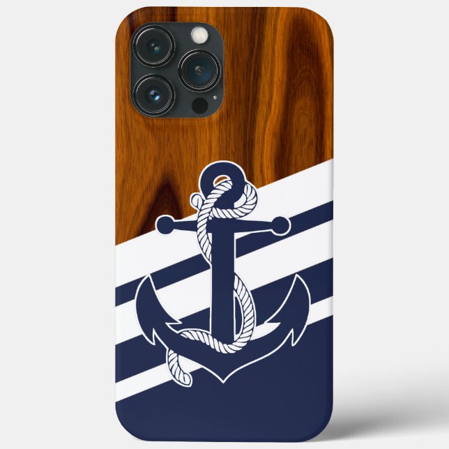 Sailboat Navy Blue White Stripe Wood Grain Pattern Case-Mate iPhone Case (Back)