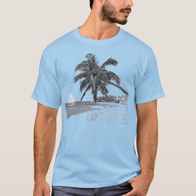 Sailboat Ocean Beach Palm Tree T-Shirt (Front)