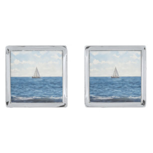 Sailboat Ocean Blue Silver Cufflinks