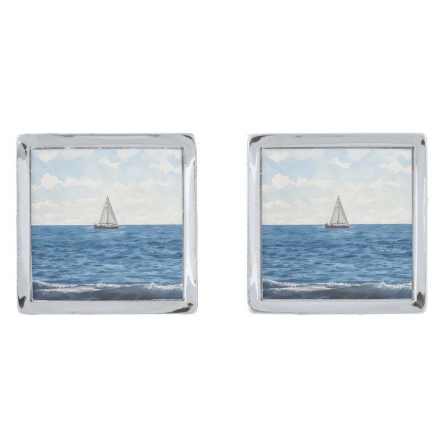 Sailboat Ocean Blue Silver Cufflinks (Front)