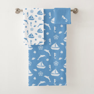 Sailboat Ocean Theme | Nautical Blue and White Bath Towel Set