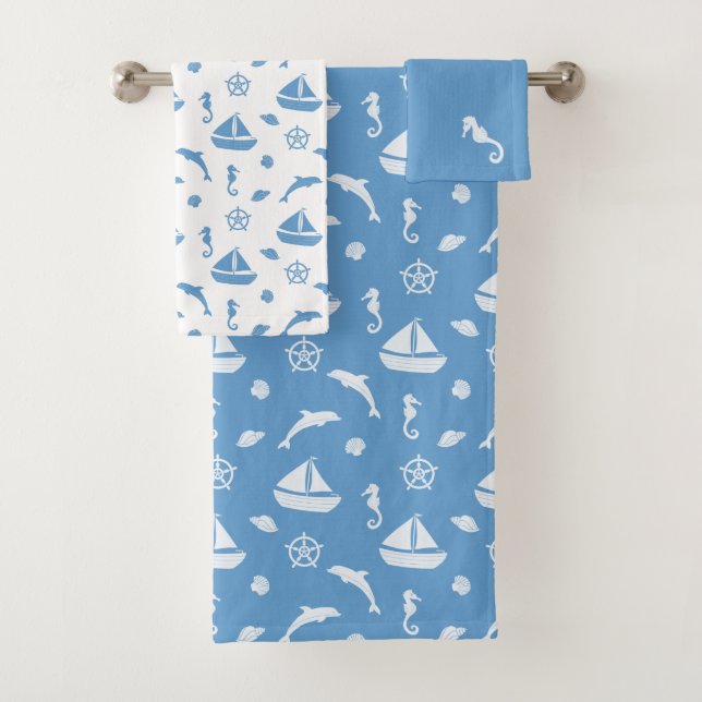 Sailboat Ocean Theme | Nautical Blue and White Bath Towel Set (Insitu)
