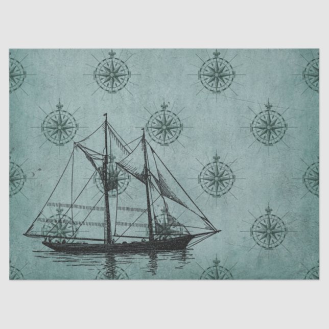 Sailboat on Green Decoupage Tissue Paper (Front)