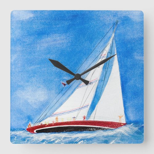sailboat on high seas in watercolor art square wall clock