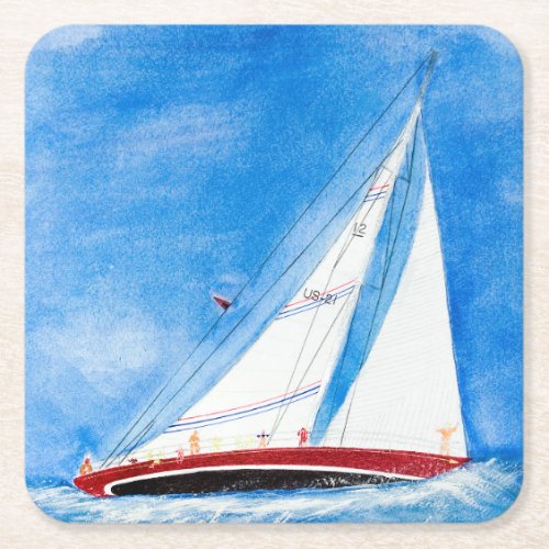 Sailboat On High Seas Watercolor Square Paper Coaster