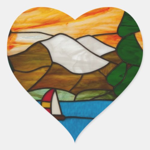 Sailboat on Mountain Lake Stained Glass Design Art Heart Sticker