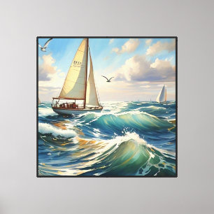 Sailboat on Ocean Waves with Seagulls Canvas Print