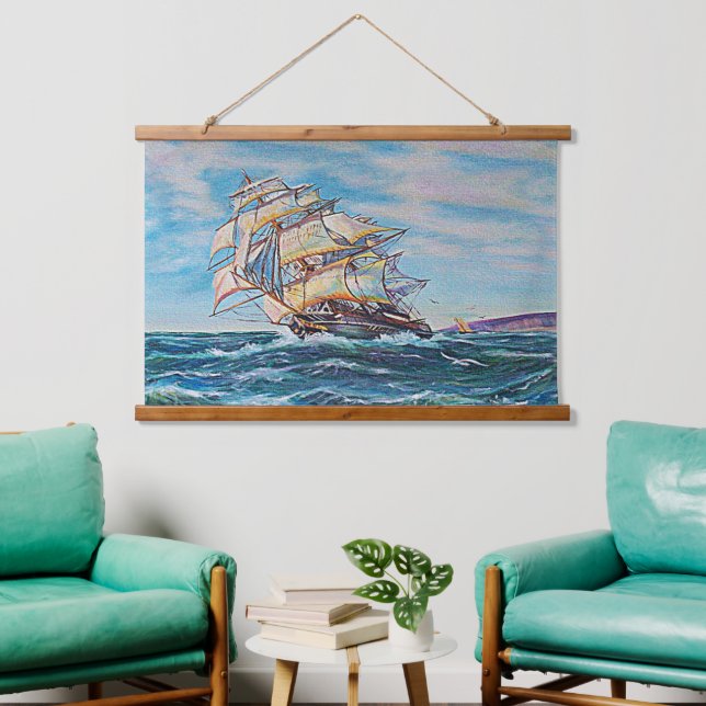 Sailboat on Rough Sea Waters 36x26 Hanging Tapestry (Living Room)