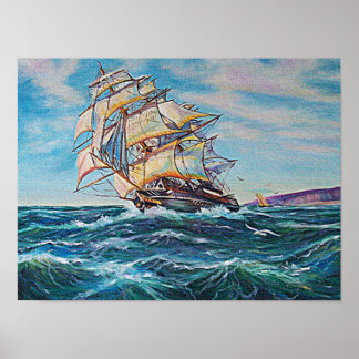 Sailboat on Rough Sea Waters Small Poster
