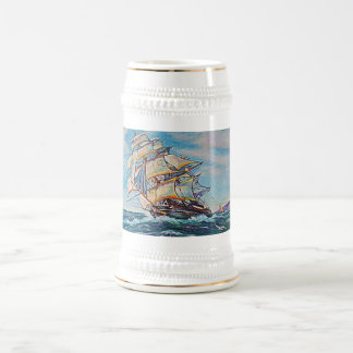 Sailboat on Rough Waters Oil Painting Beer Stein