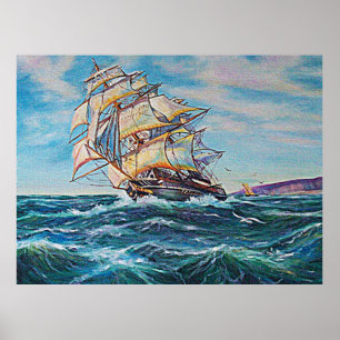 Sailboat on Rough Waters Oil Painting Image Poster
