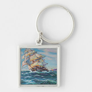 Sailboat on Rough Waters Oil Painting Keychain