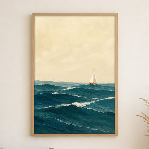 Sailboat on Swells Watercolour Coastal Art Poster