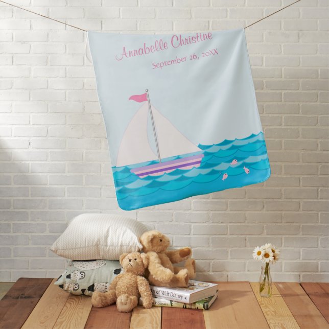 Sailboat On The Sea In Pinks Personalized Stroller Blanket (In Situ)