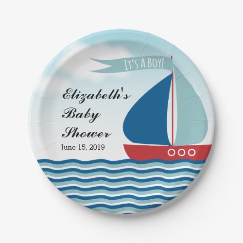 Sailboat on Water Its A Boy Nautical Baby Shower Paper Plates