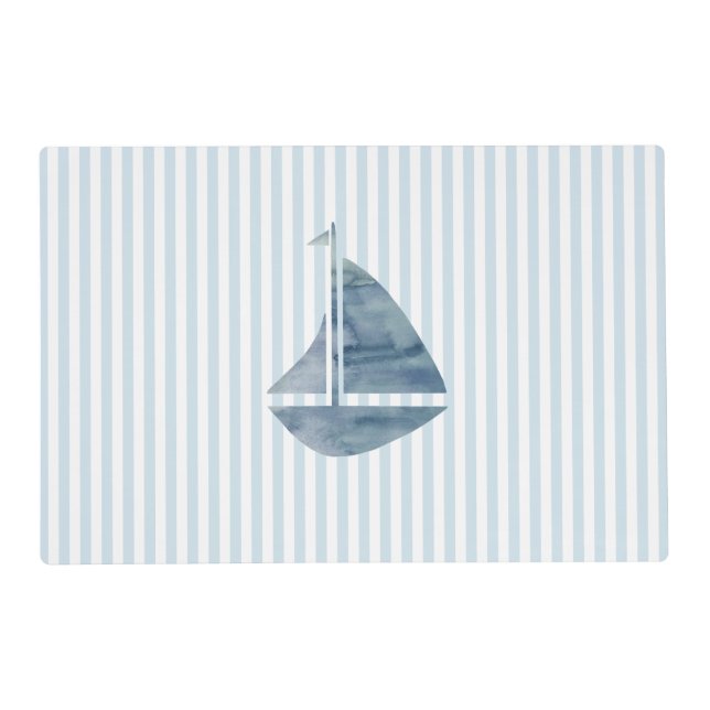 Sailboat Painting Nautical Blue Stripe Coastal Placemat (Front)