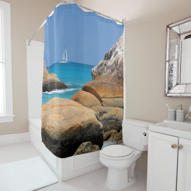 Sailboat Passing By the Beach  Shower Curtain (In Situ)