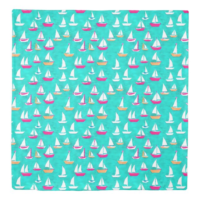 Sailboat Pattern Pink & Aqua Preppy Duvet Cover (Front)