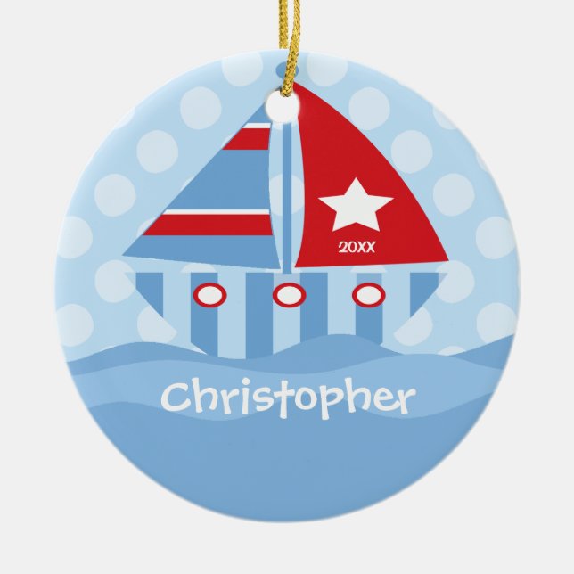 Sailboat Personalized Boy Christmas Ornament (Front)