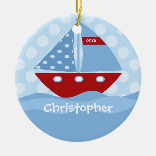 Sailboat Personalized Boy Christmas Ornament (Front)