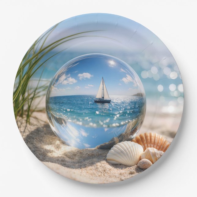 Sailboat Reflection In Glass Sphere Paper Plates (Front)