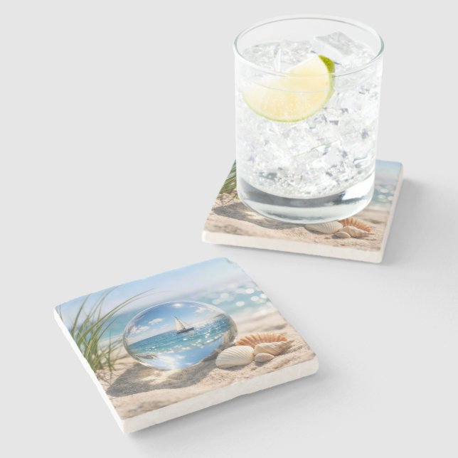 Sailboat Reflection In Glass Sphere Stone Coaster (Side)