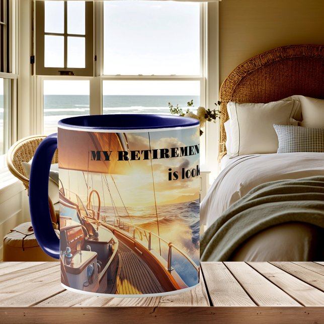 Sailboat Retirement Plan Ocean Coffee Mug (Mug featuring a sailboat on the ocean at sunset. A great gift for a sailor/captain or retiree)