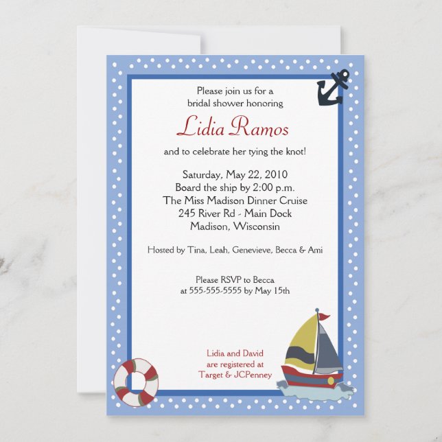 Sailboat Sailing Nautical 5x7 Bridal Shower Invite (Front)