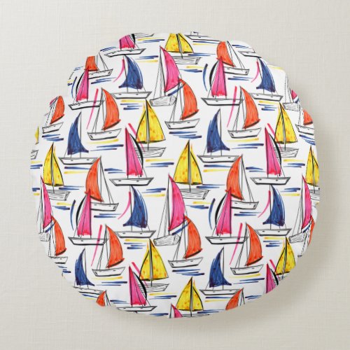 Sailboat Sailing Nautical Summer Pattern Round Pillow