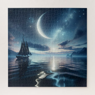 Sailboat Sailing on Moonlit Water Jigsaw Puzzle