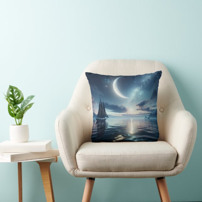 Sailboat Sailing on Moonlit Water Throw Pillow (Chair)