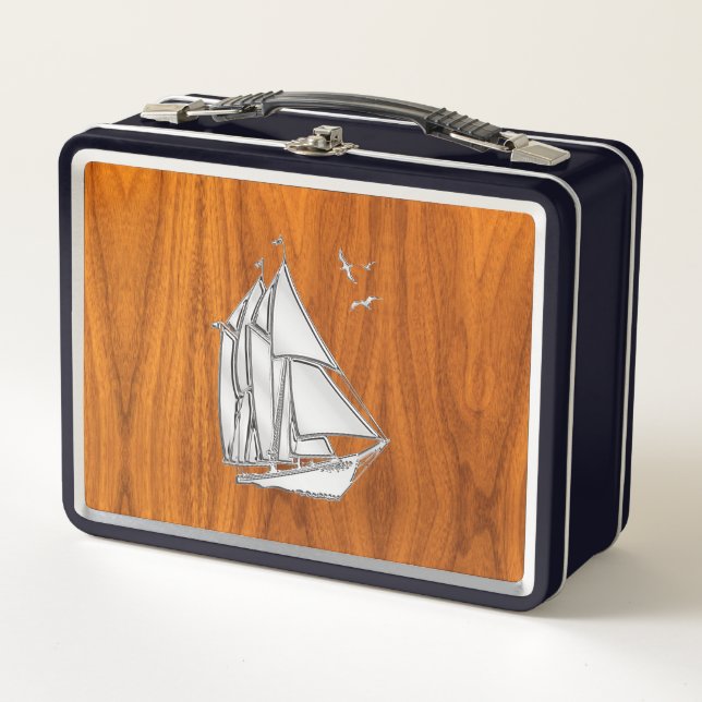 Sailboat Sailing on Teak Veneer Metal Lunch Box (Front)