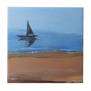 Sailboat Sailing Reflections Ocean Beach Art Tile