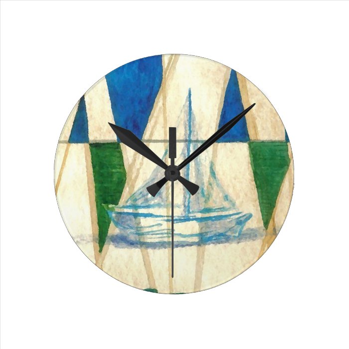 Sailboat Sailing Watercolor Vintage Look Art Wallclocks