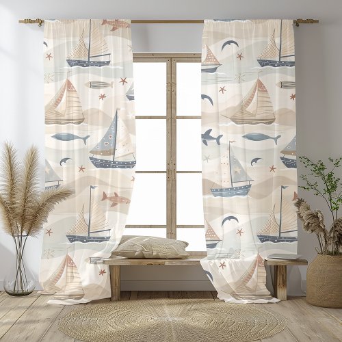 Sailboat Seamless Pattern in Neutral Tones Sheer Curtains