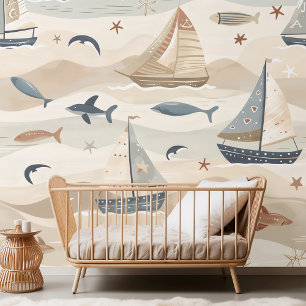 Sailboat Seamless Pattern Neutral Tones Kids Wallpaper
