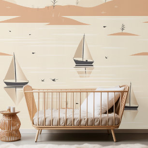 Sailboat Seamless Pattern Neutral Tones Kids Wallpaper