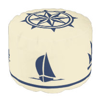 Sailboat Silhouettes compass rose blue on tan Pouf