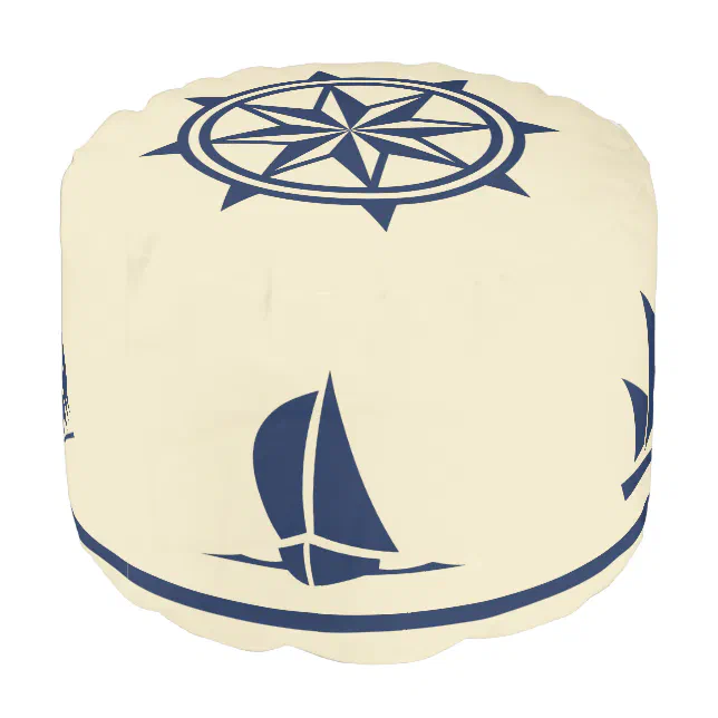 Sailboat Silhouettes compass rose blue on tan Pouf | Zazzle
