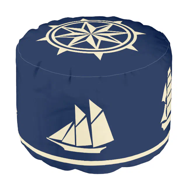 Sailboat Silhouettes compass rose tan on blue Pouf | Zazzle