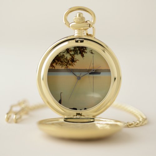 Sailboat Sunrise With Egret Pocket Watch