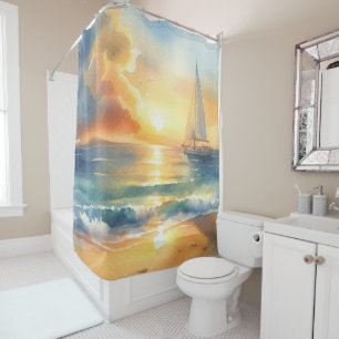 Sailboat Sunset Ocean Watercolors Shower Curtain